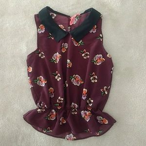EUC Eight Sixty Floral Peplum Burgundy Collar Top